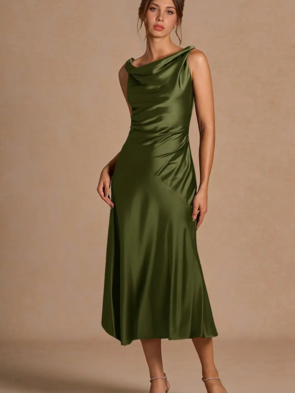 Azazie Olive Green Satin Cowl Neck Midi Dress